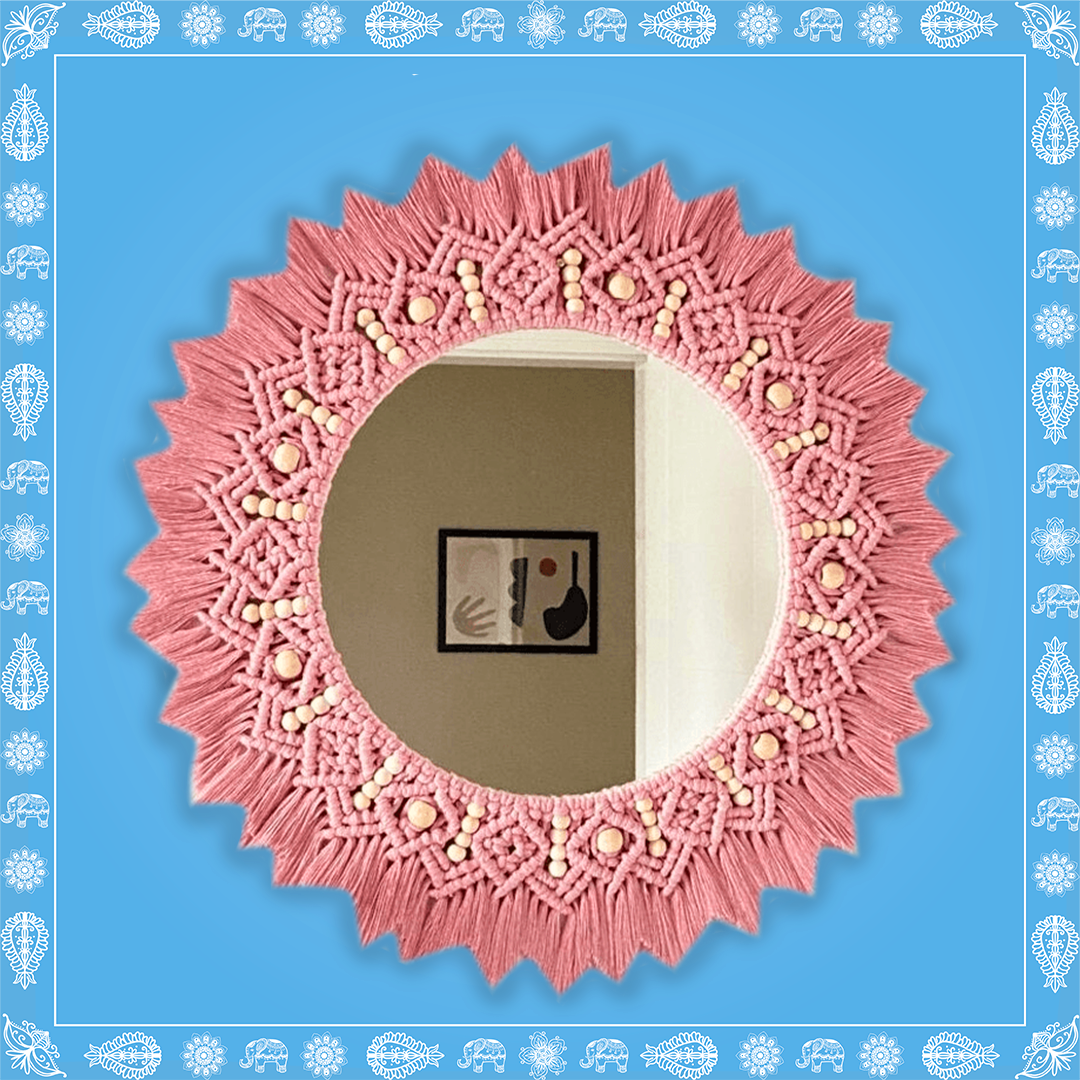 Handmade Boho Style Blush Pink Beaded Macrame Mirror