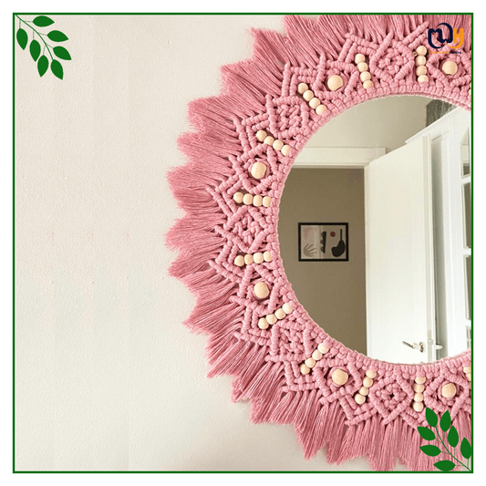 Handmade Boho Style Blush Pink Beaded Macrame Mirror