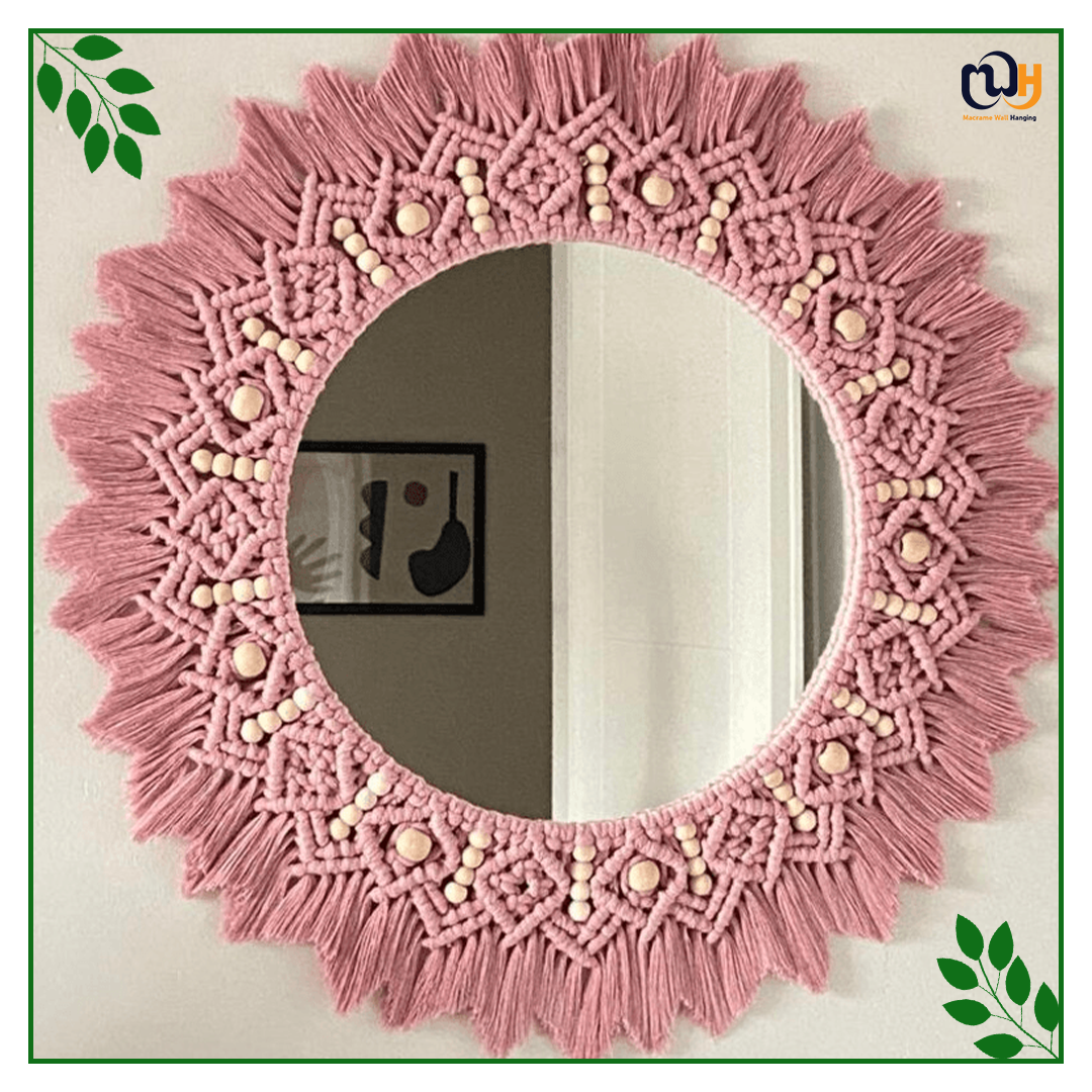 Handmade Boho Style Blush Pink Beaded Macrame Mirror