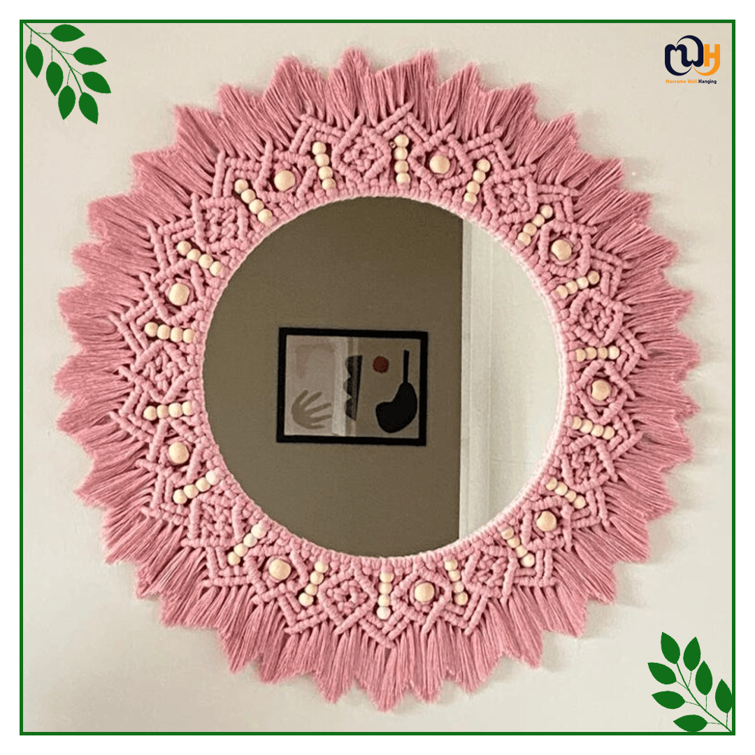 Handmade Boho Style Blush Pink Beaded Macrame Mirror