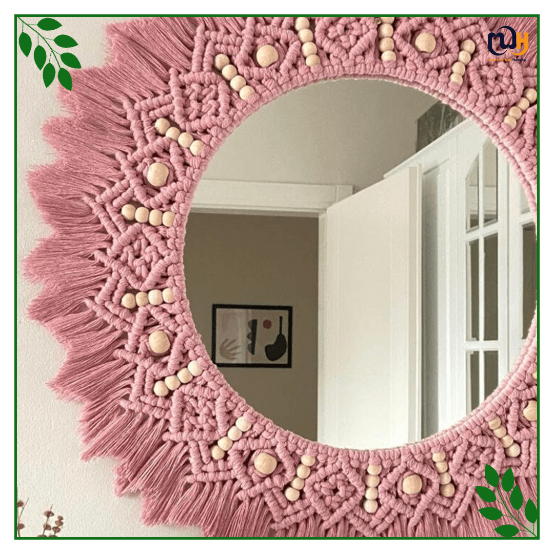 Handmade Boho Style Blush Pink Beaded Macrame Mirror