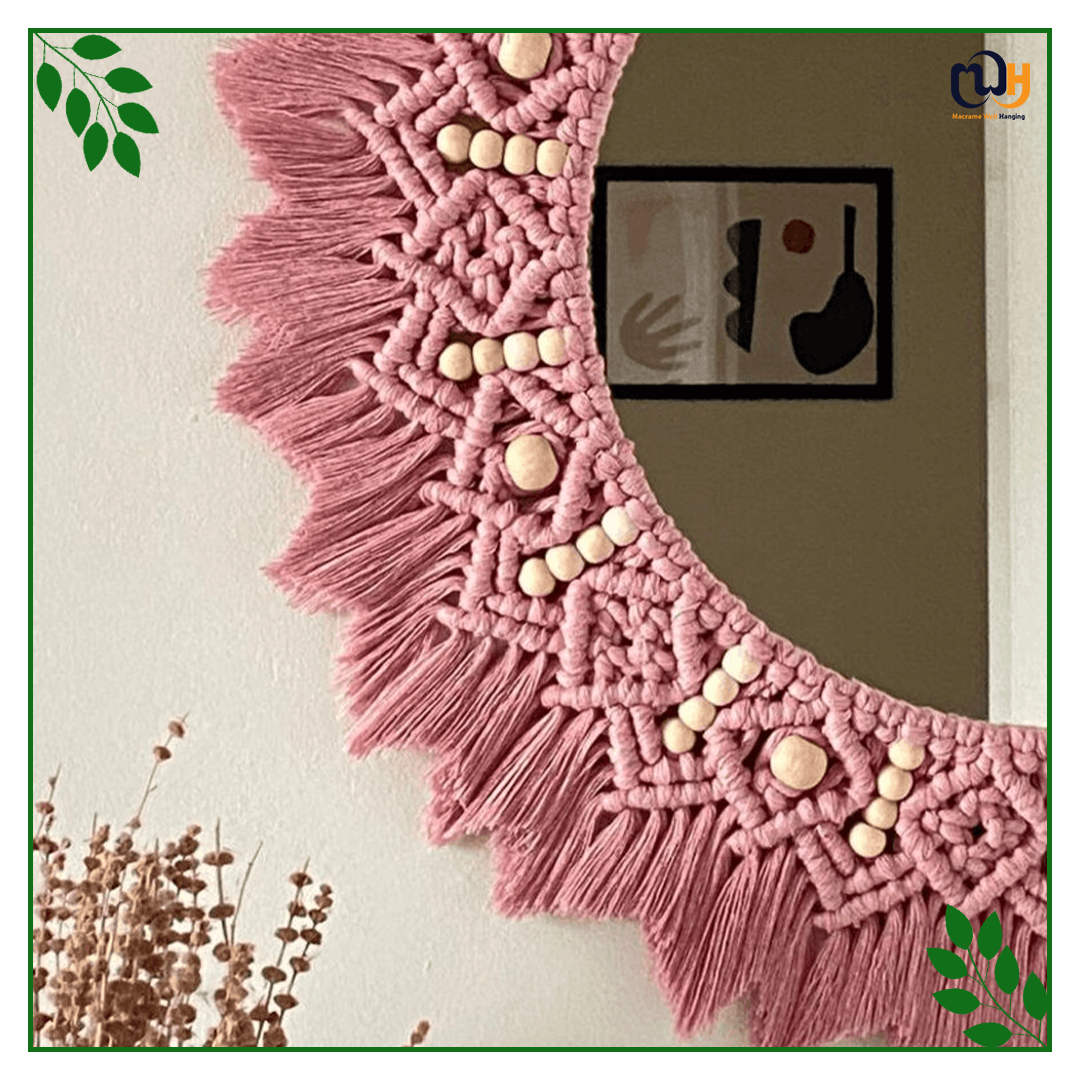 Handmade Boho Style Blush Pink Beaded Macrame Mirror