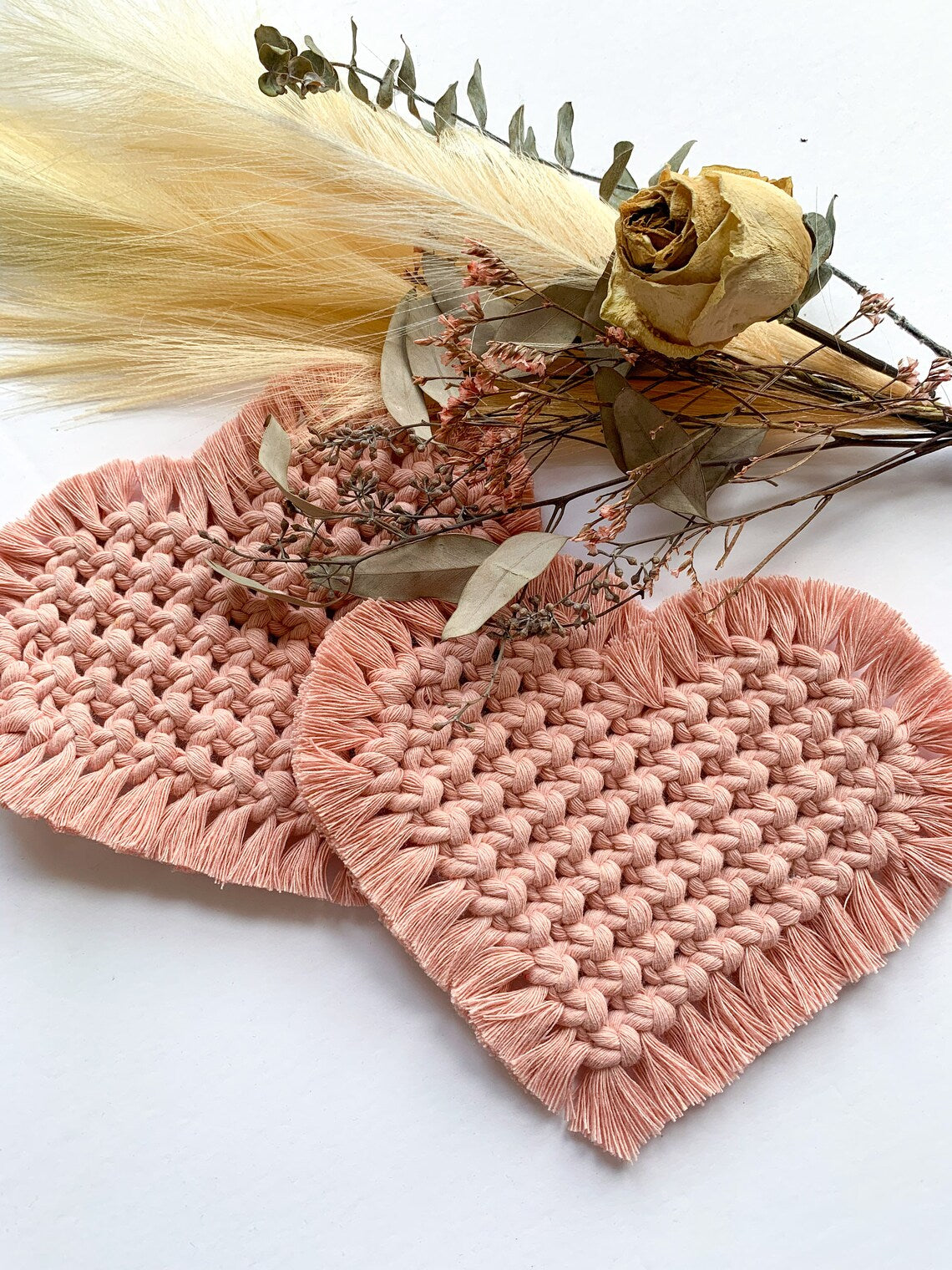 Handcrafted Multi-Color Macrame Heart Coaster - Set of 2