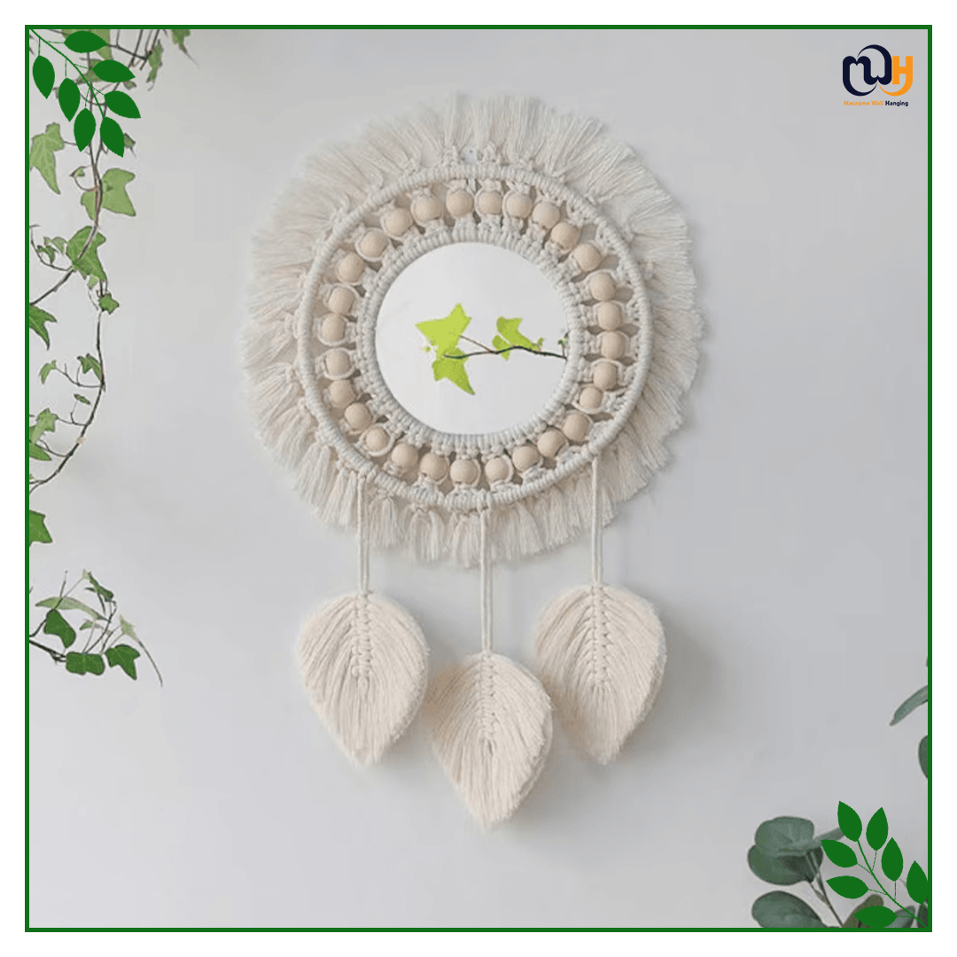 Handmade Boho Style Big Beaded Macrame Mirror with Leaf
