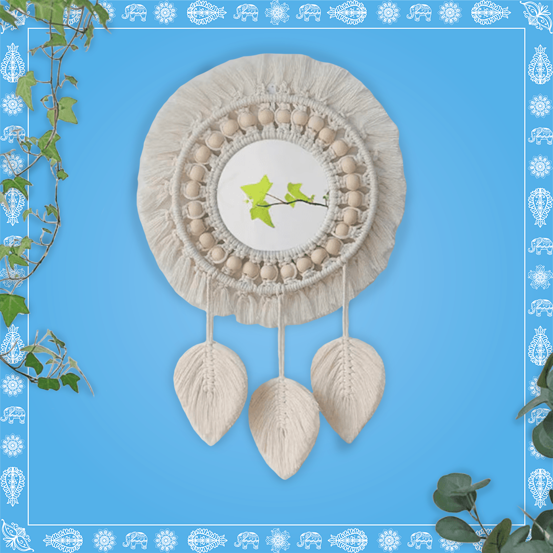 Handmade Boho Style Big Beaded Macrame Mirror with Leaf