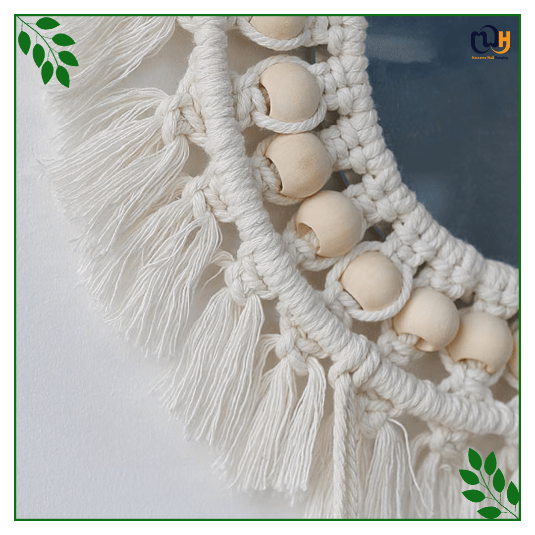 Handmade Boho Style Big Beaded Macrame Mirror with Leaf