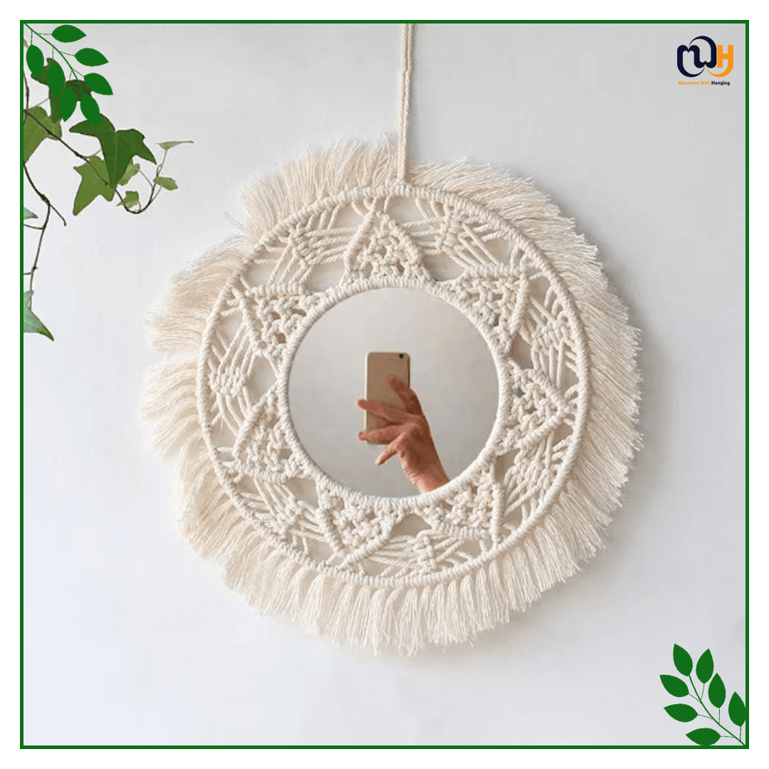 Handmade Boho Style Big Beaded Macrame Mirror with Leaf