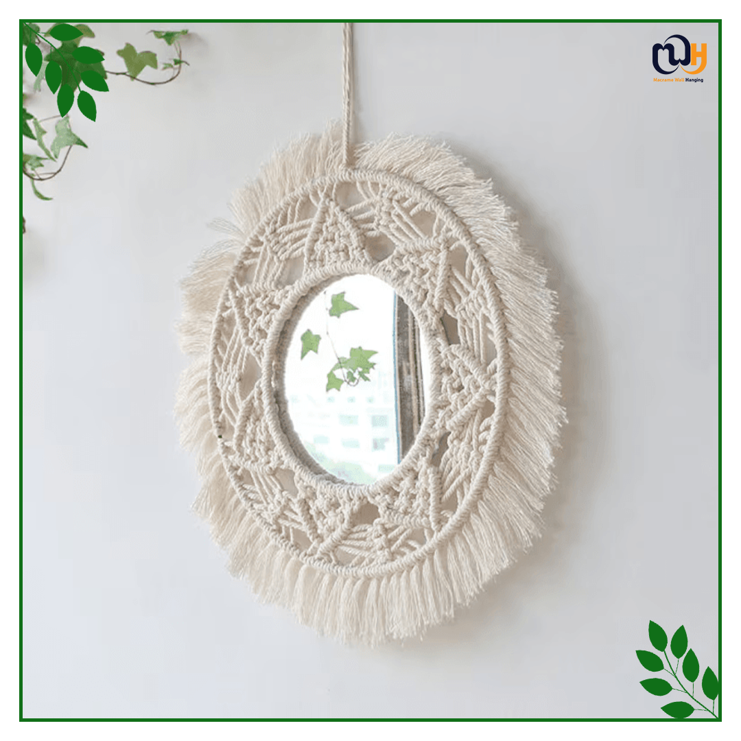 Handmade Boho Style Big Beaded Macrame Mirror with Leaf
