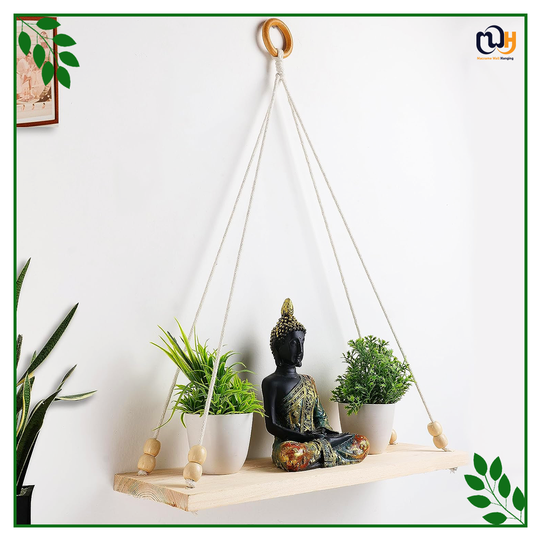 Handmade Boho Style Shelf Wood Floating Shelves with Wooden Beads