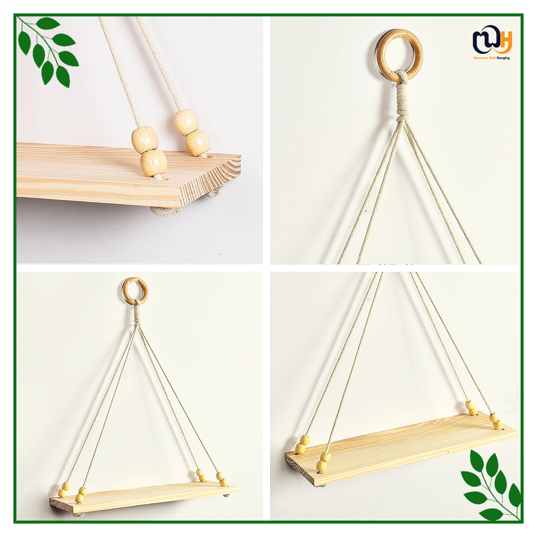 Handmade Boho Style Shelf Wood Floating Shelves with Wooden Beads