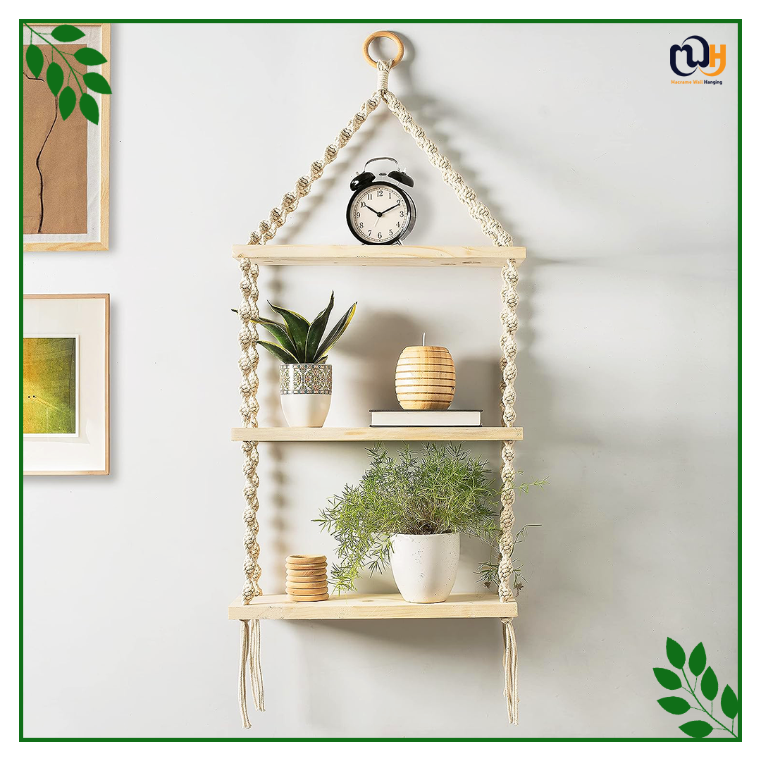 Handmade Boho Style 3-Tier Floating Shelves Natural Pine