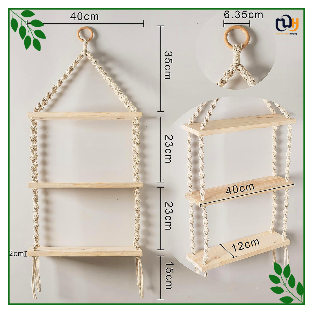 Handmade Boho Style 3-Tier Floating Shelves Natural Pine