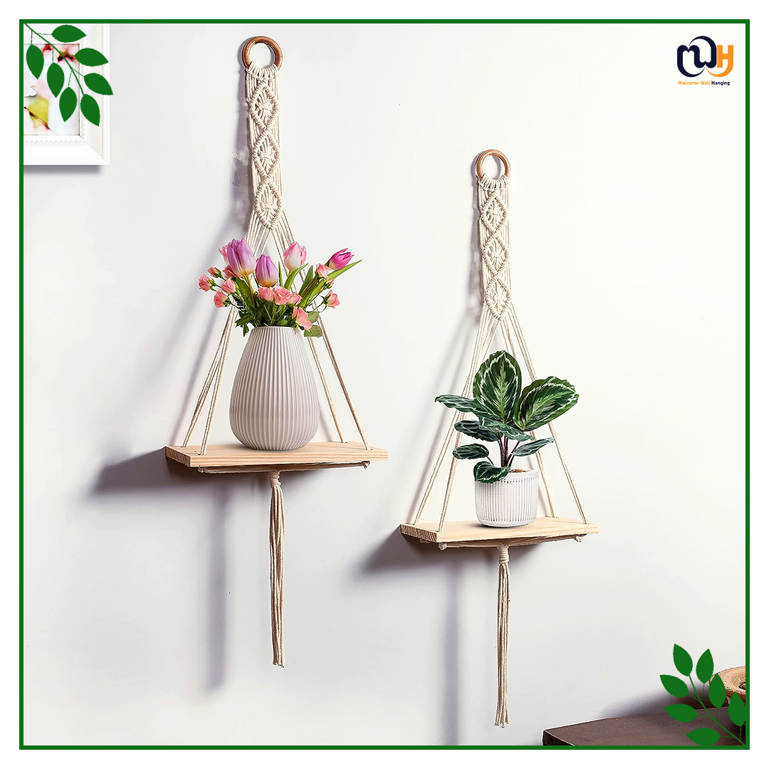 Handmade Boho Style Artistry Wooden Shelf Wall Hanging Set of 2