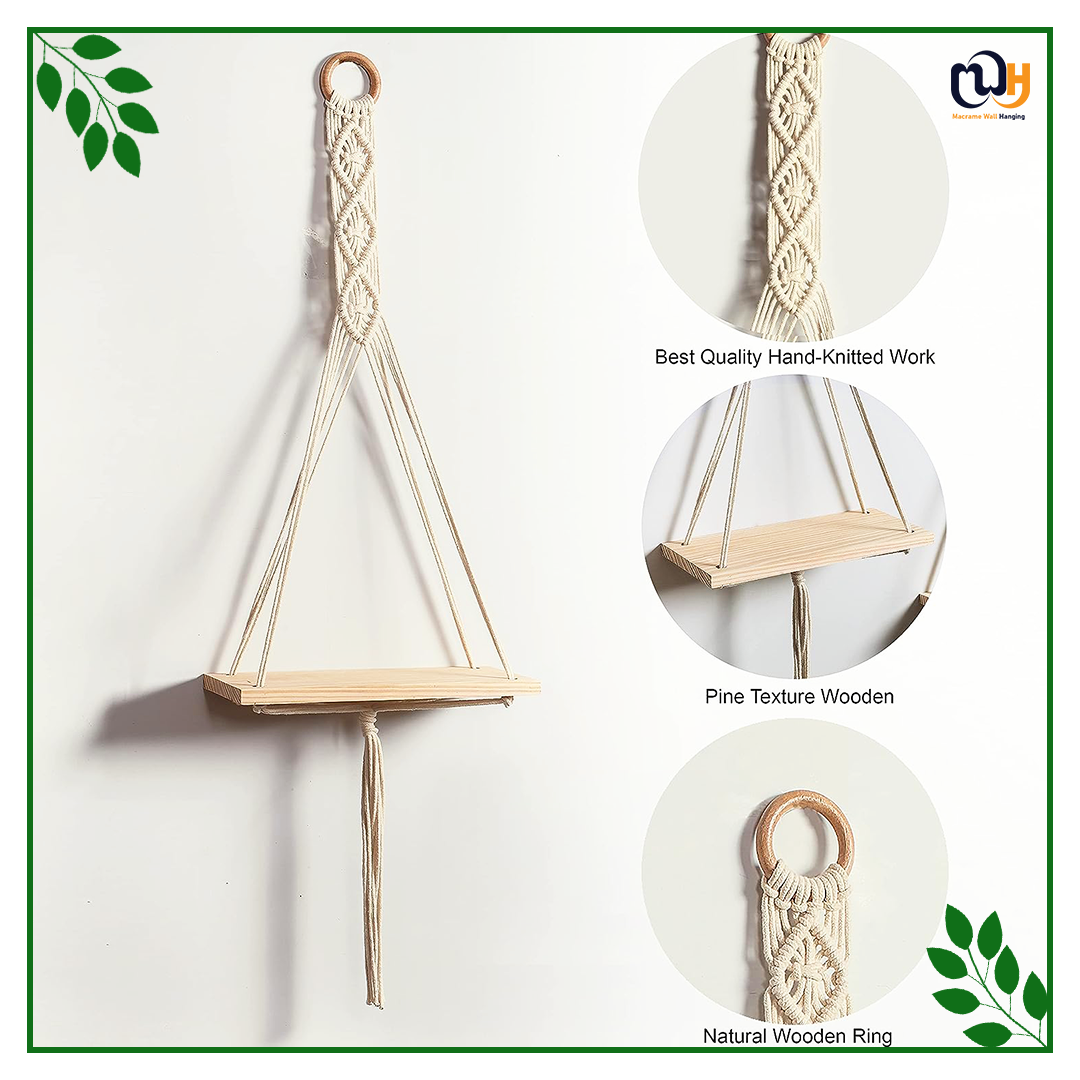 Handmade Boho Style Artistry Wooden Shelf Wall Hanging Set of 2