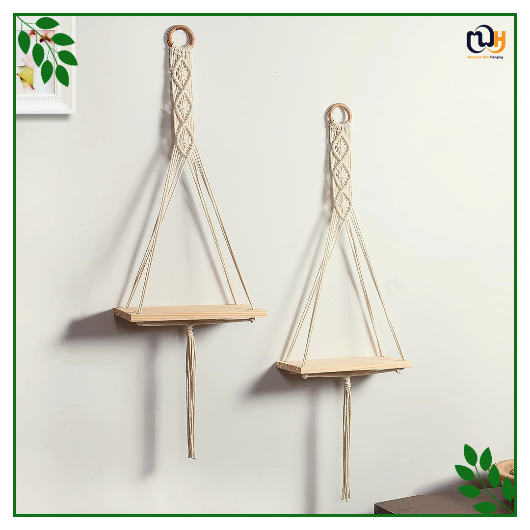 Handmade Boho Style Artistry Wooden Shelf Wall Hanging Set of 2