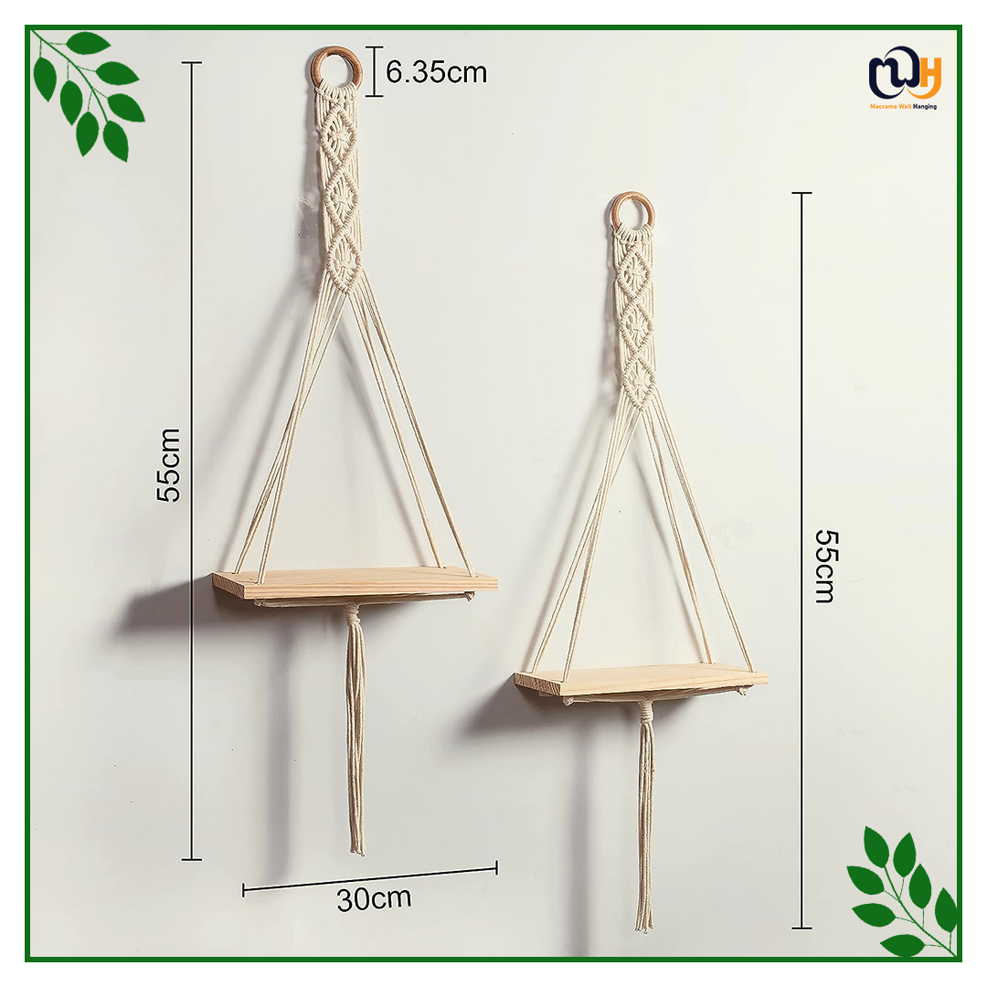 Handmade Boho Style Artistry Wooden Shelf Wall Hanging Set of 2