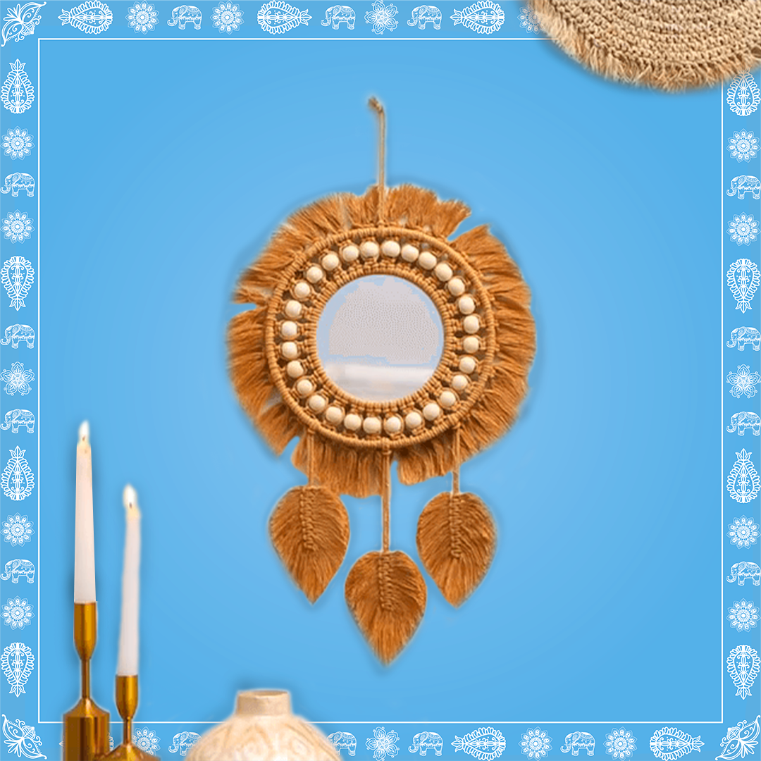 Handmade Boho Style Macrame Mirror with Feather Touch