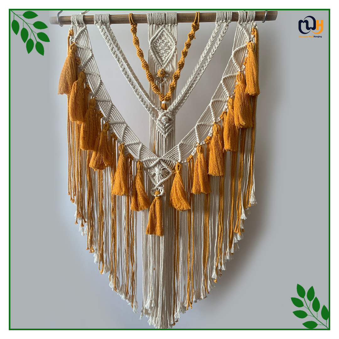 Handmade Boho Style Mustad Yellow and White Macrame Tapestry Wall Hanging