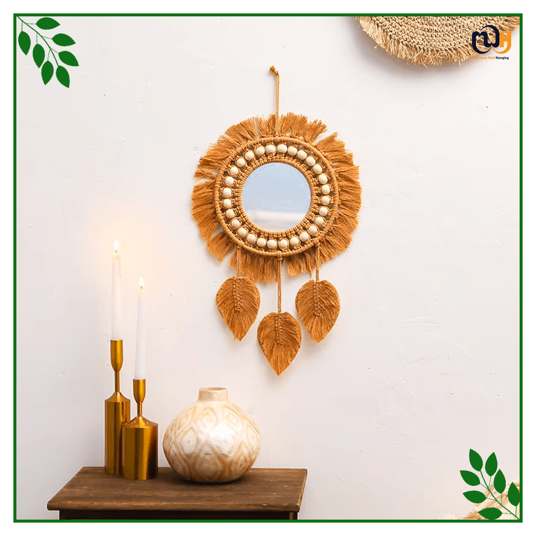 Handmade Boho Style Macrame Mirror with Feather Touch