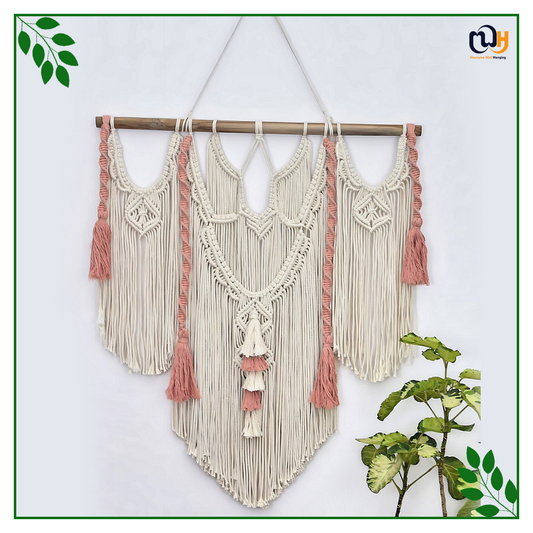 Handmade Boho Style White and Pink Macrame Tapestry with Fiber Art