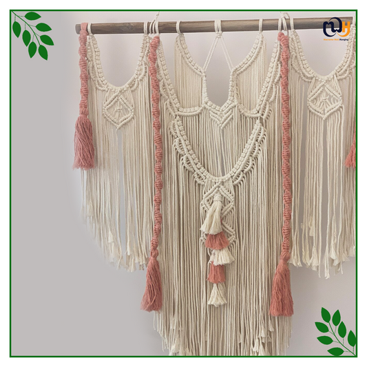 Handmade Boho Style White and Pink Macrame Tapestry with Fiber Art