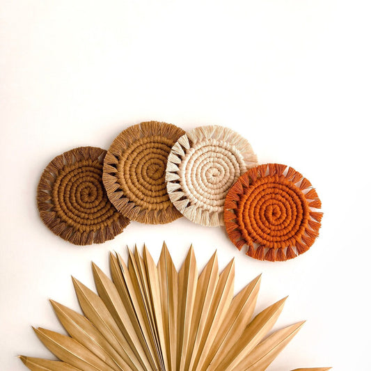 Handcrafted Multi-Color Macrame Round Coaster | Color - Brown, Beige, Off White, and Rust