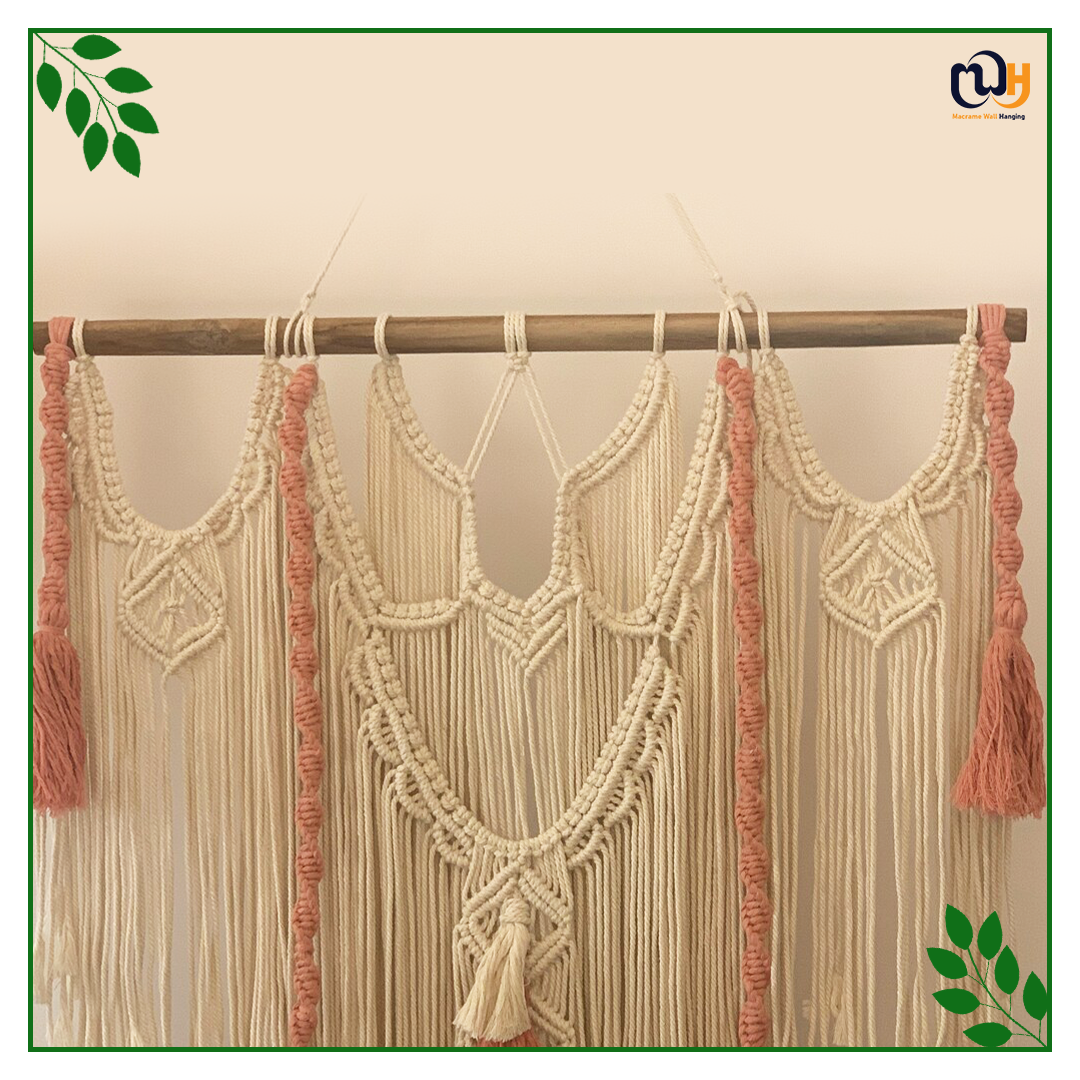 Handmade Boho Style White and Pink Macrame Tapestry with Fiber Art