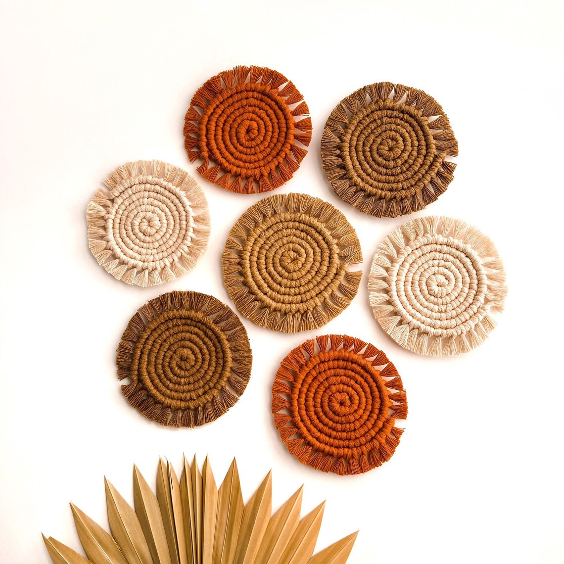 Handcrafted Multi-Color Macrame Round Coaster | Color - Brown, Beige, Off White, and Rust