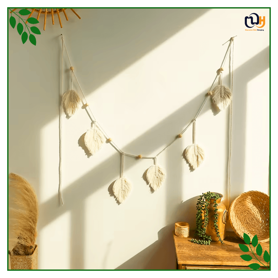 Handmade Boho Style Macrame Feather Wall Hanging Leaf