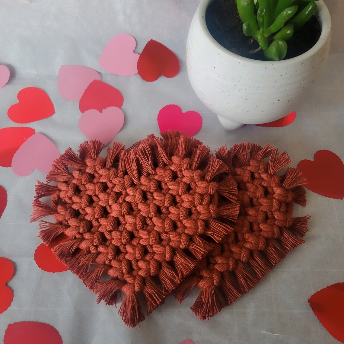 Handcrafted Multi-Color Macrame Heart Coaster - Set of 2