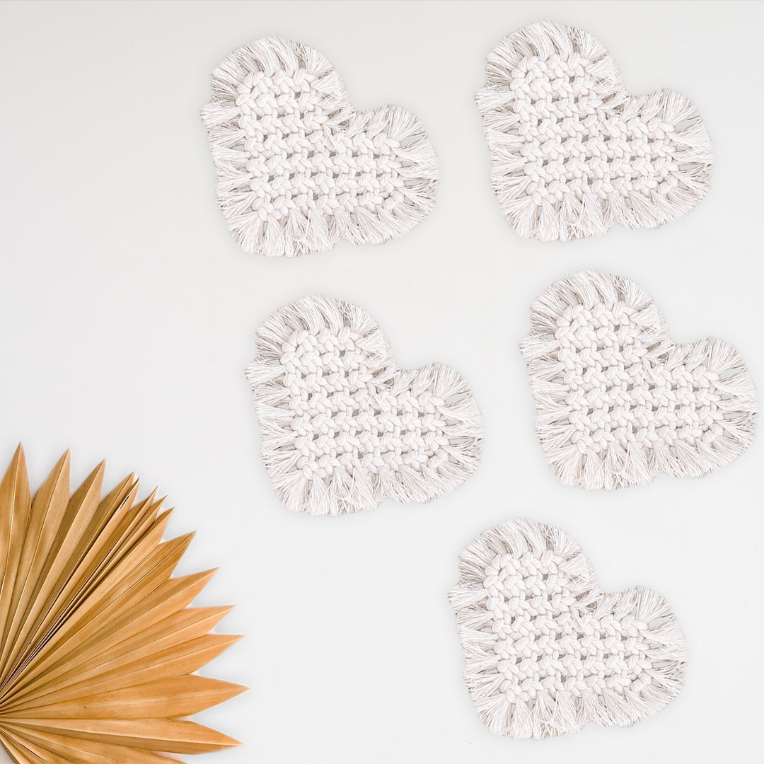 White Heart Shape Macrame Coasters
