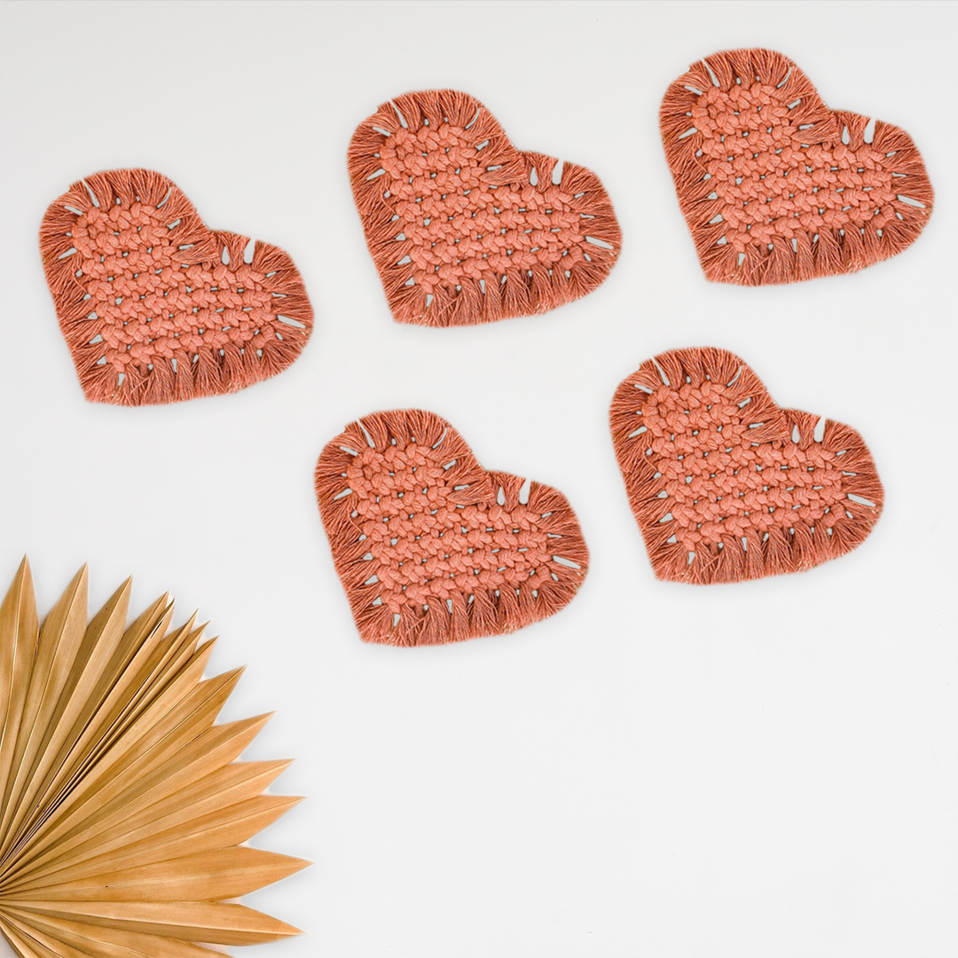 Brick Red Heart Shape Macrame Coasters