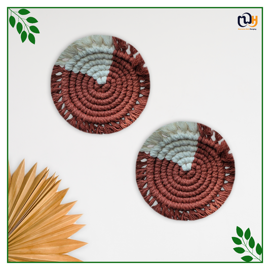 White and Brick Red Round Two Tone Macrame Coasters