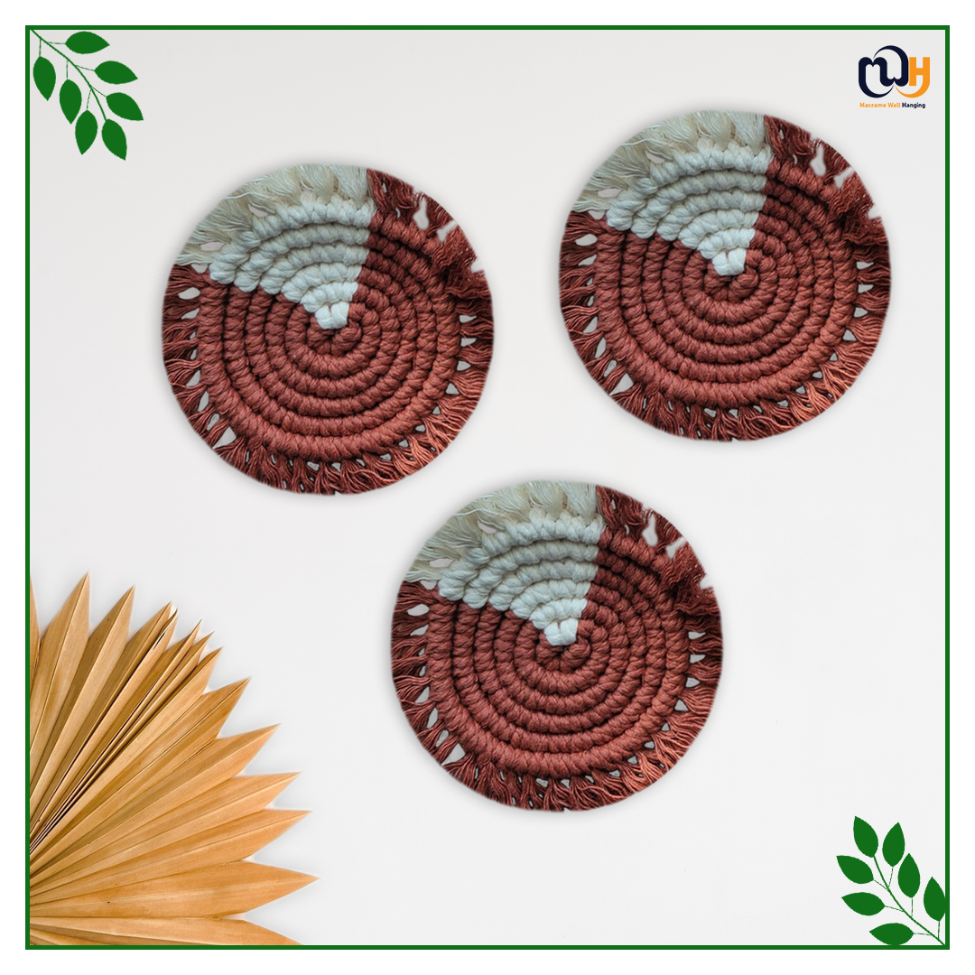White and Brick Red Round Two Tone Macrame Coasters