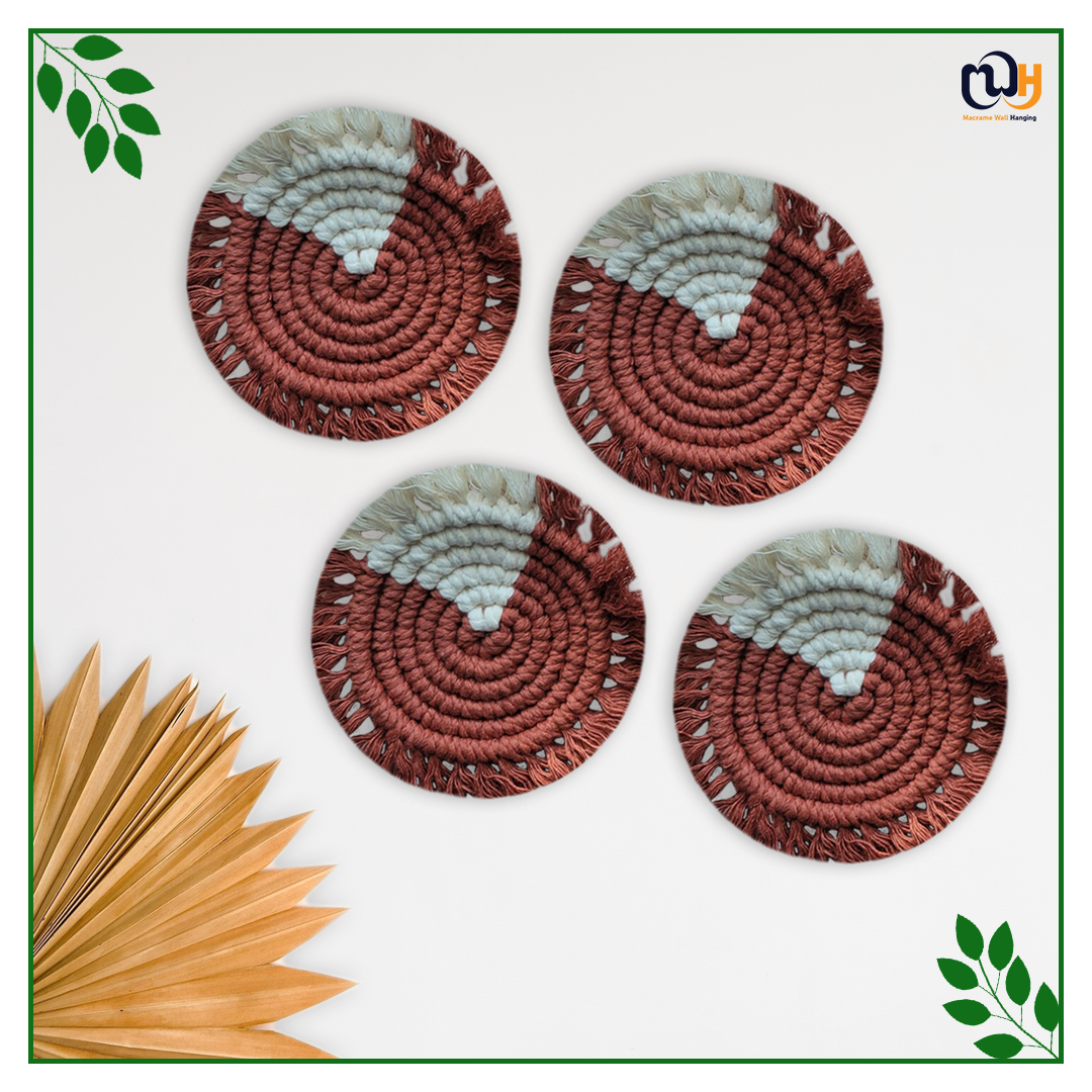 White and Brick Red Round Two Tone Macrame Coasters