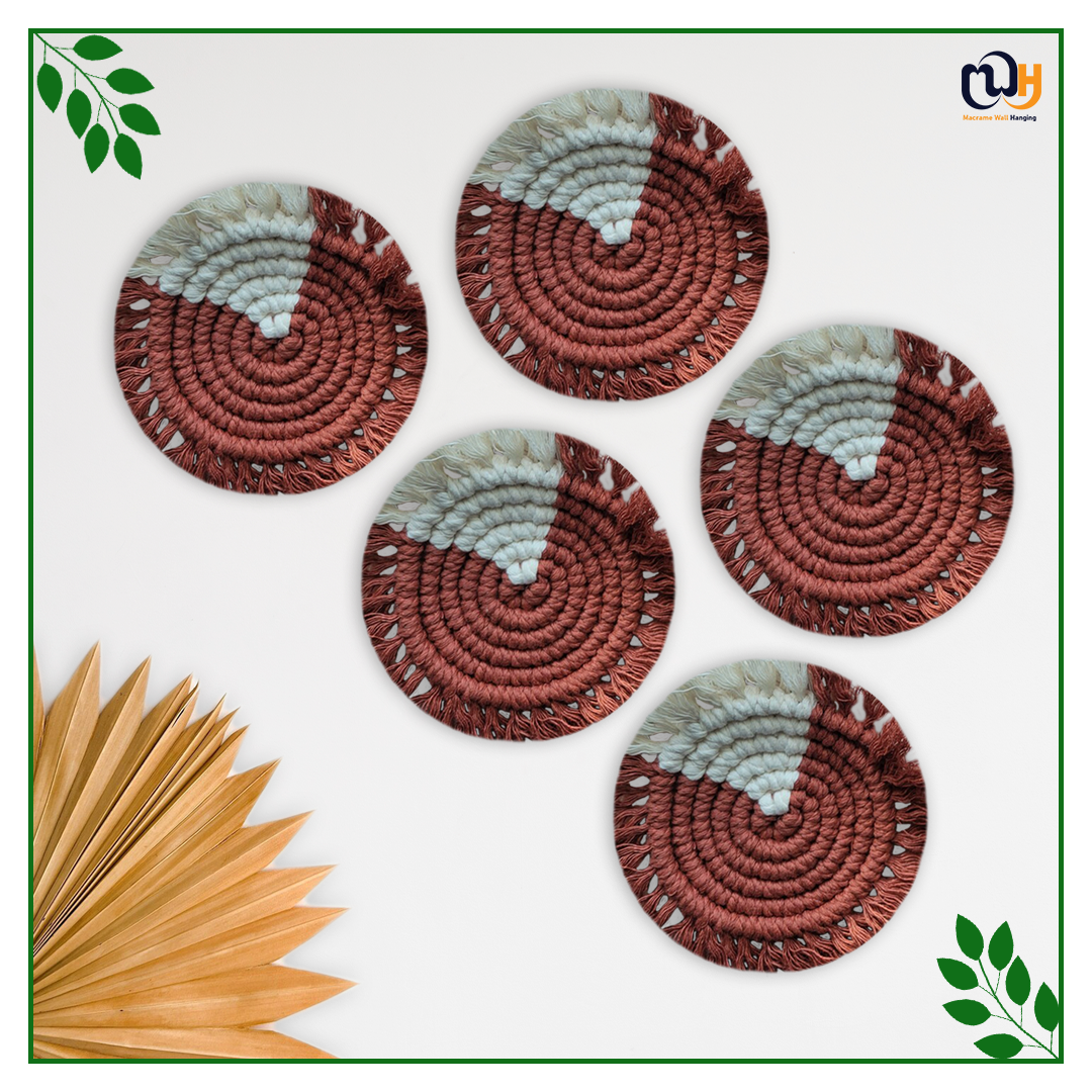 White and Brick Red Round Two Tone Macrame Coasters