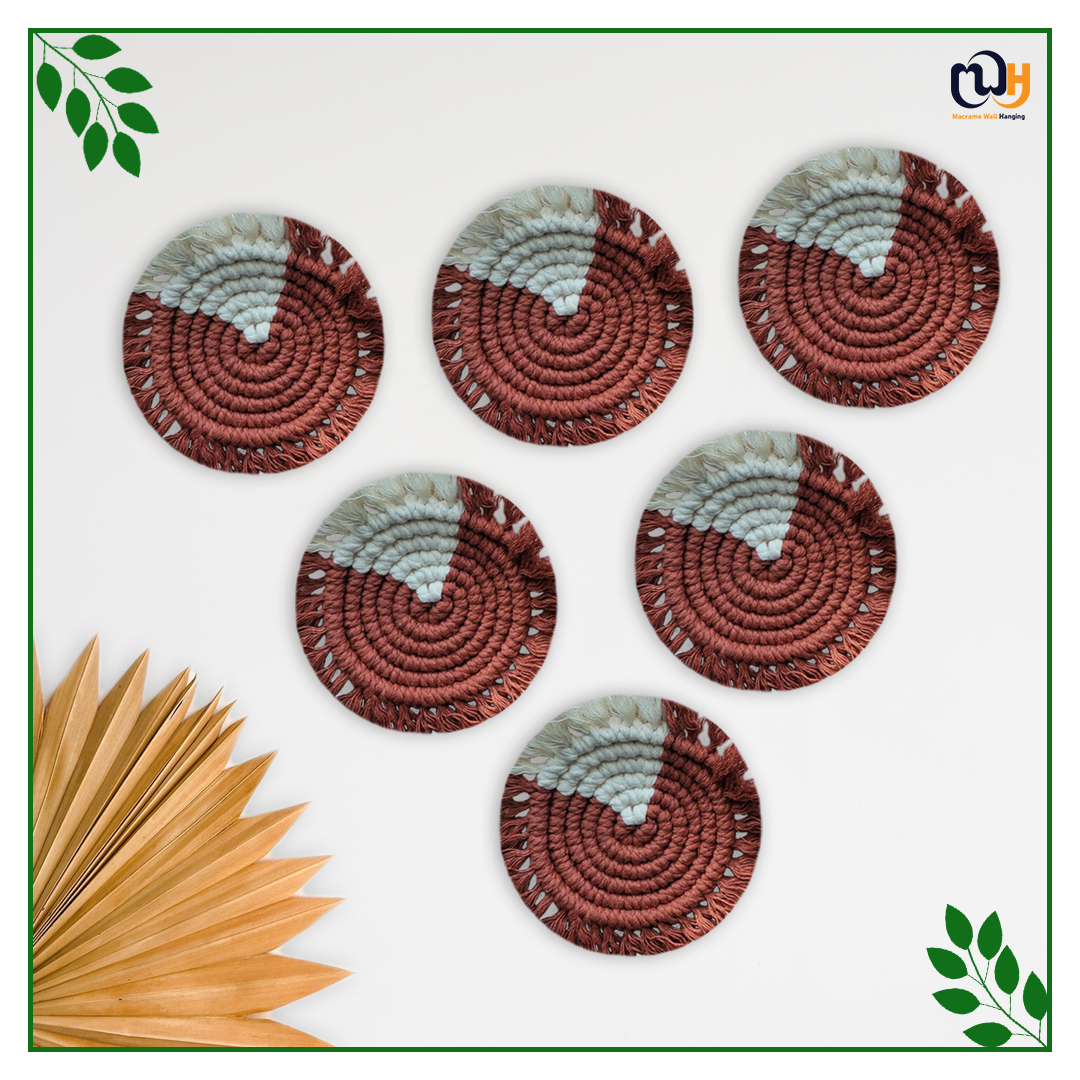 White and Brick Red Round Two Tone Macrame Coasters
