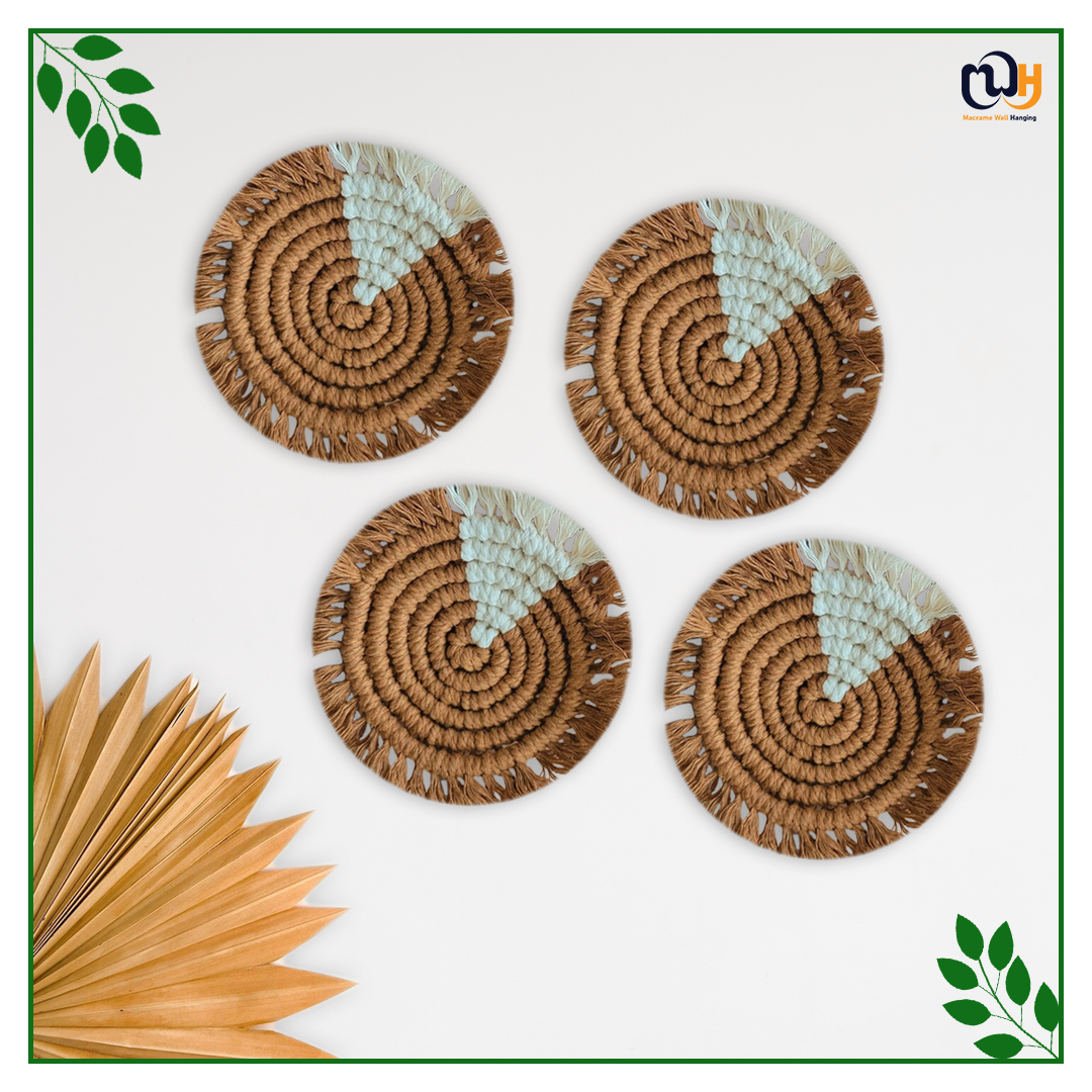 Brown and White Round Two Tone Macrame Coasters