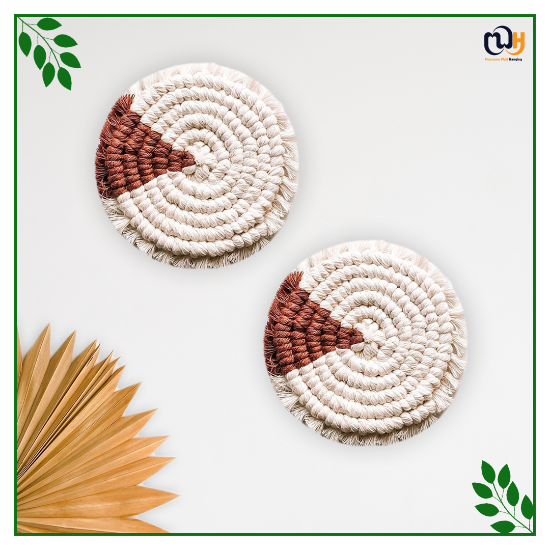 Brick Red and White Round Two Tone Macrame Coasters