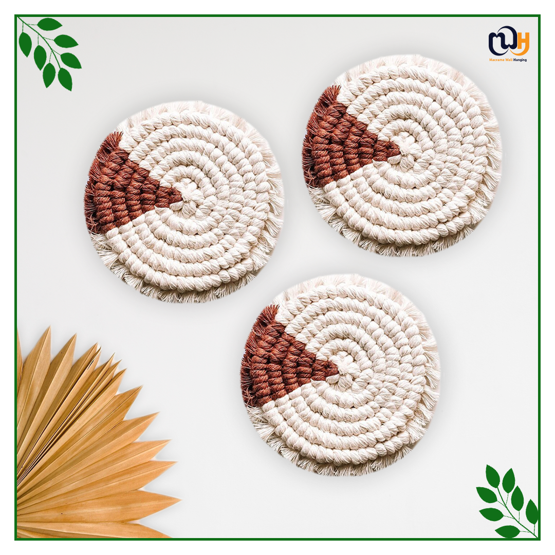 Brick Red and White Round Two Tone Macrame Coasters