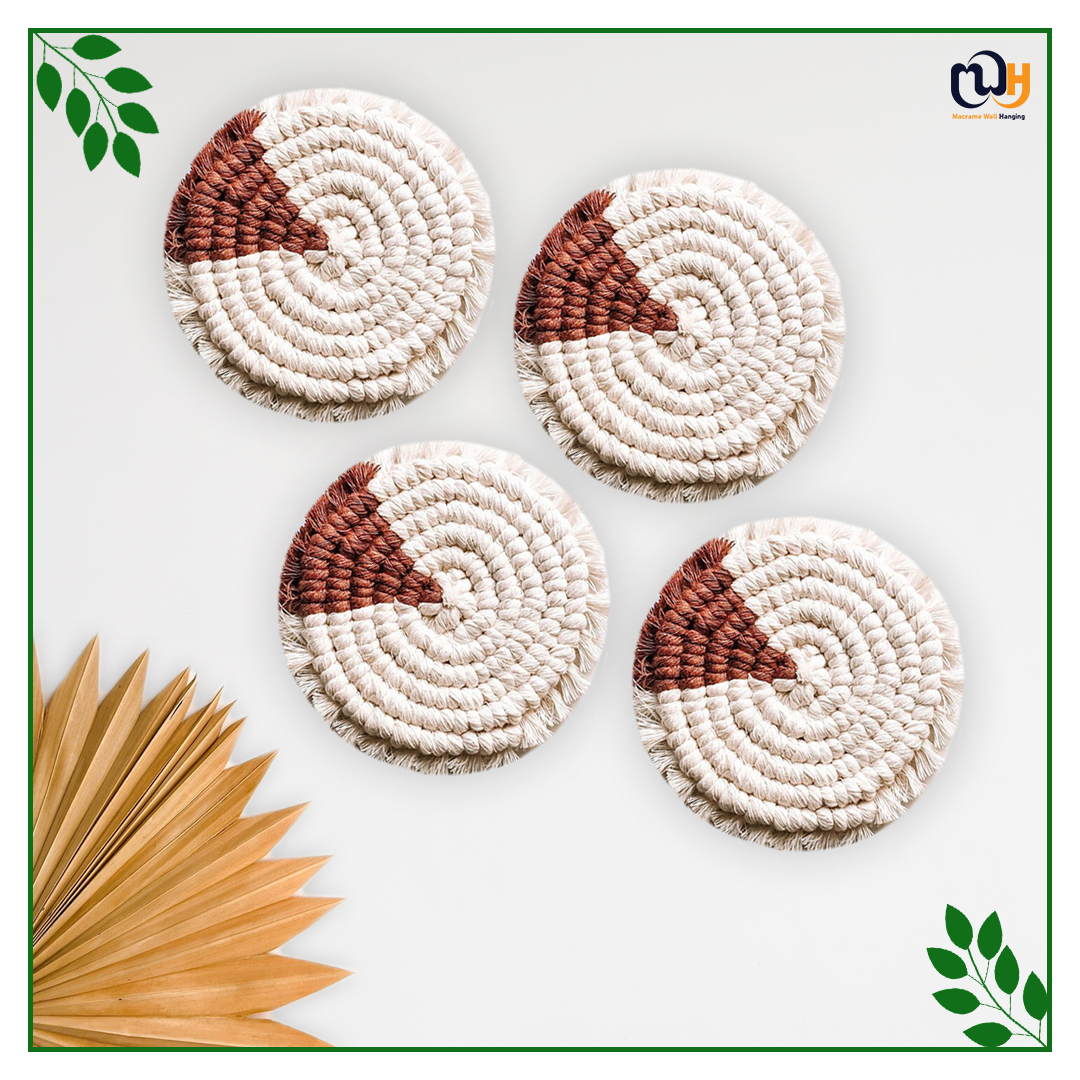 Brick Red and White Round Two Tone Macrame Coasters