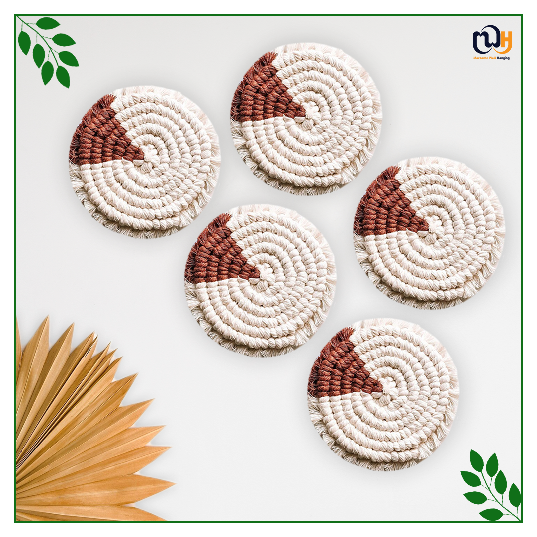 Brick Red and White Round Two Tone Macrame Coasters