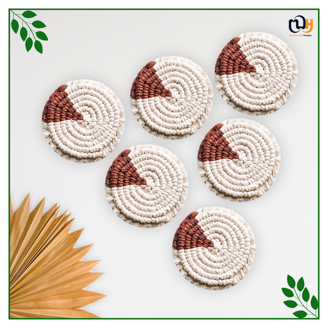 Brick Red and White Round Two Tone Macrame Coasters