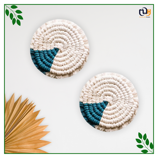 Turquoise and Off White Round Two Tone Macrame Coasters