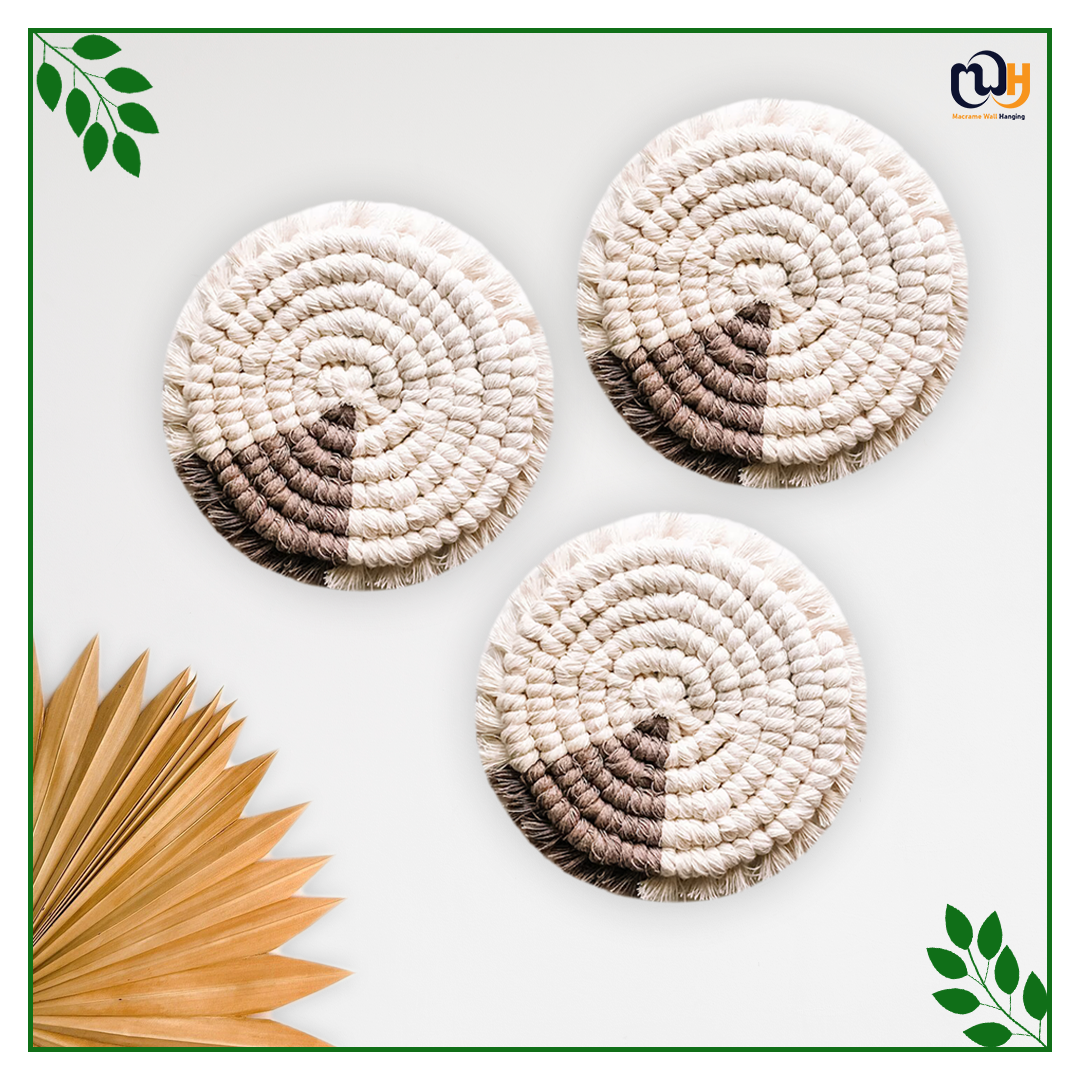 Dark Brown and White Round Two Tone Macrame Coasters