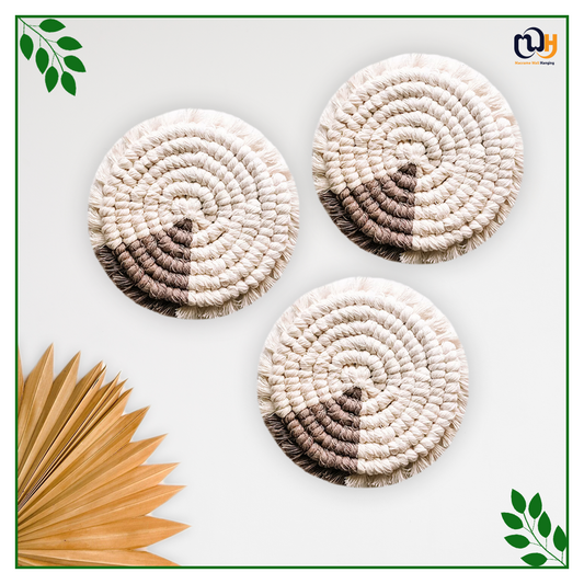 Dark Brown and White Round Two Tone Macrame Coasters