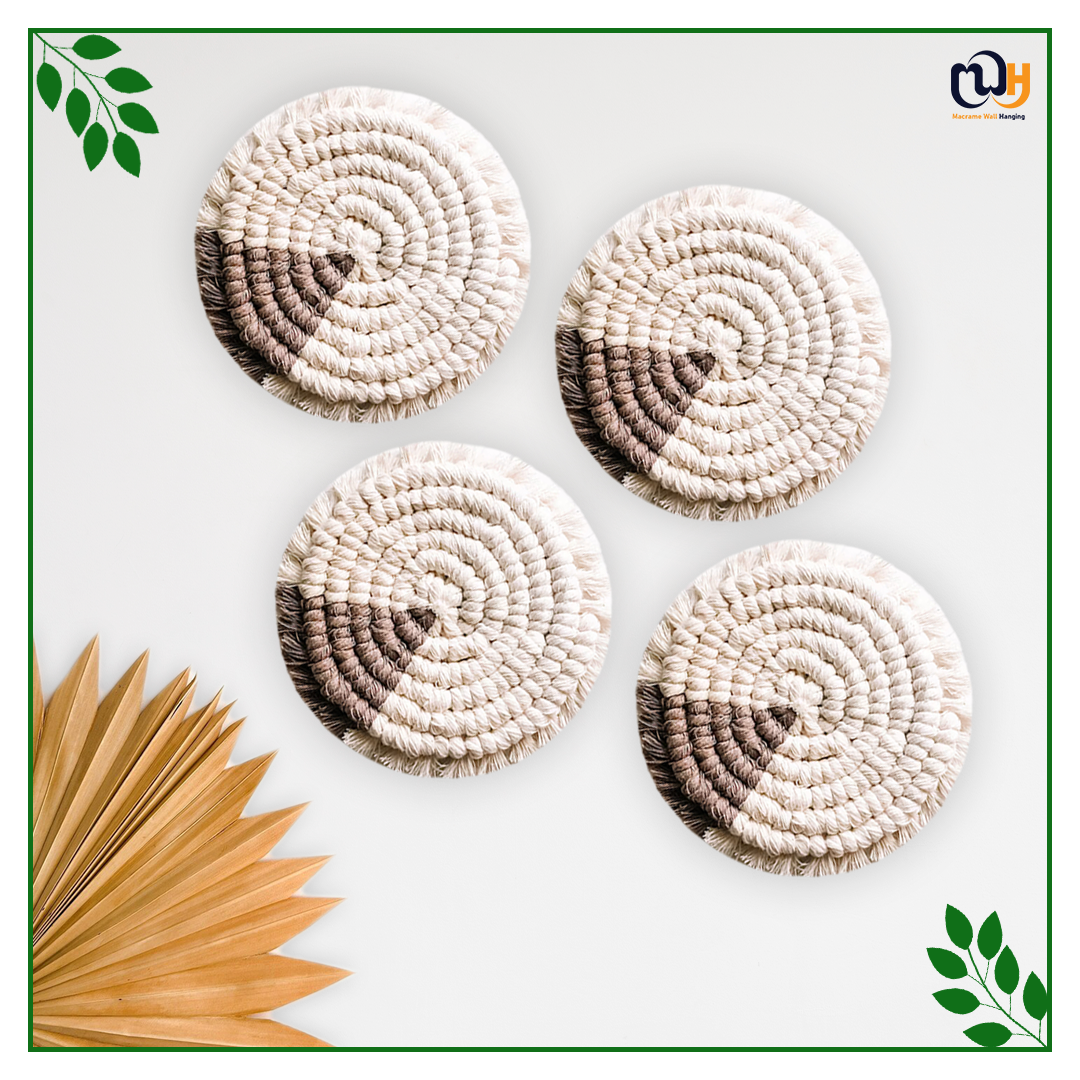 Dark Brown and White Round Two Tone Macrame Coasters