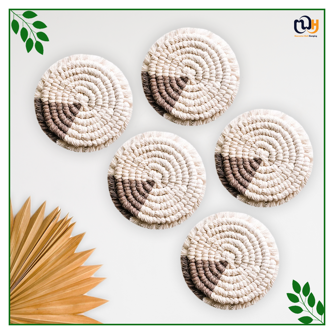 Dark Brown and White Round Two Tone Macrame Coasters