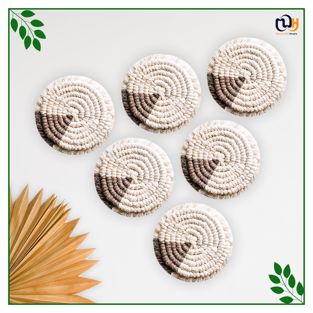 Dark Brown and White Round Two Tone Macrame Coasters