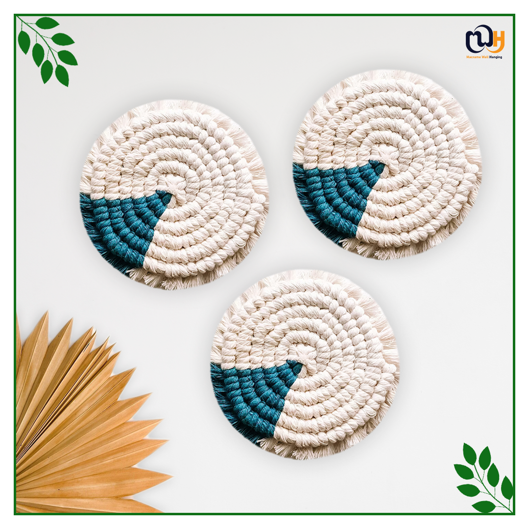Turquoise and Off White Round Two Tone Macrame Coasters
